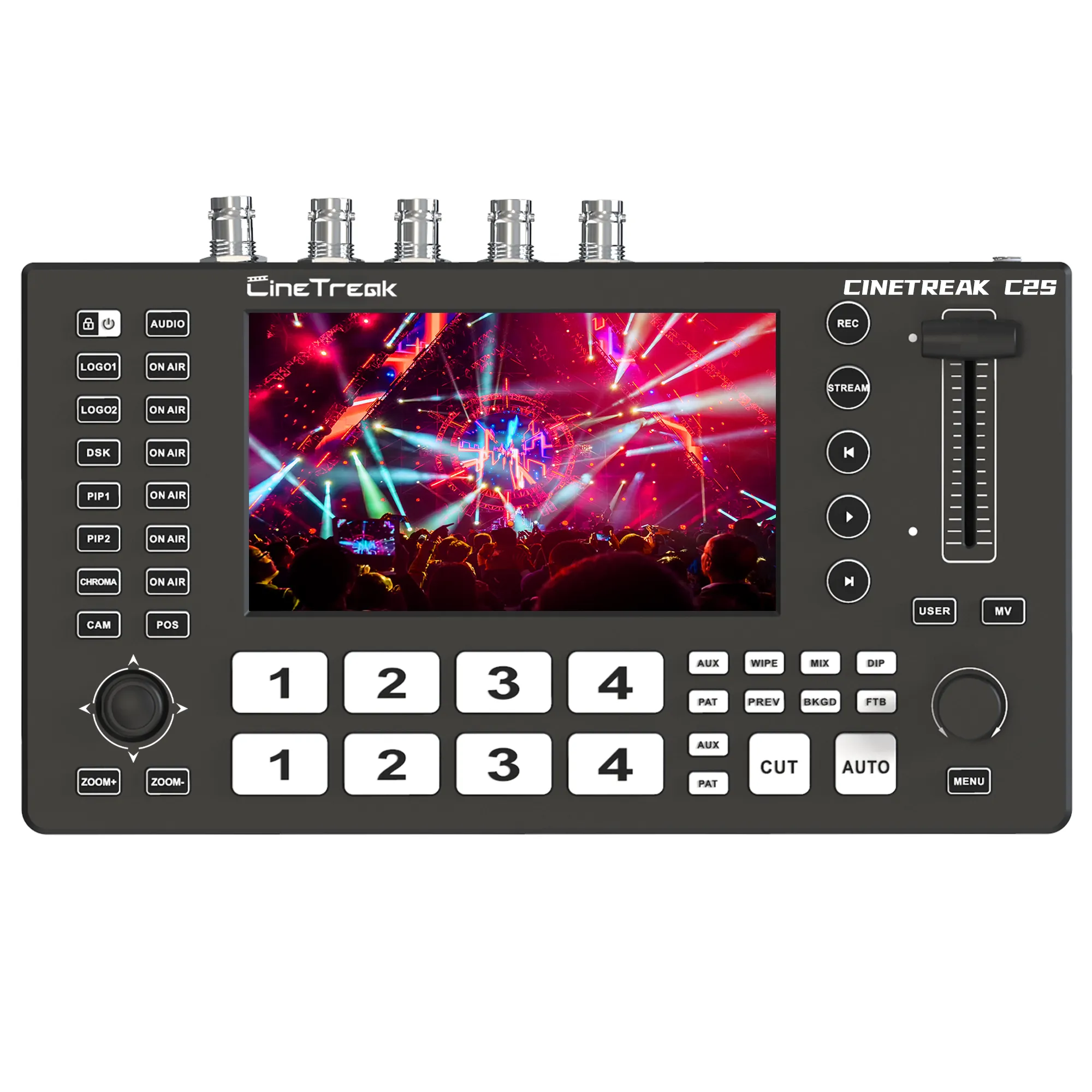 CineTreak C2S  Inputs: 4 SDI or 4HDMI, 1 AUX, 1 Backdround and SD card & Down streaming Video Switcher