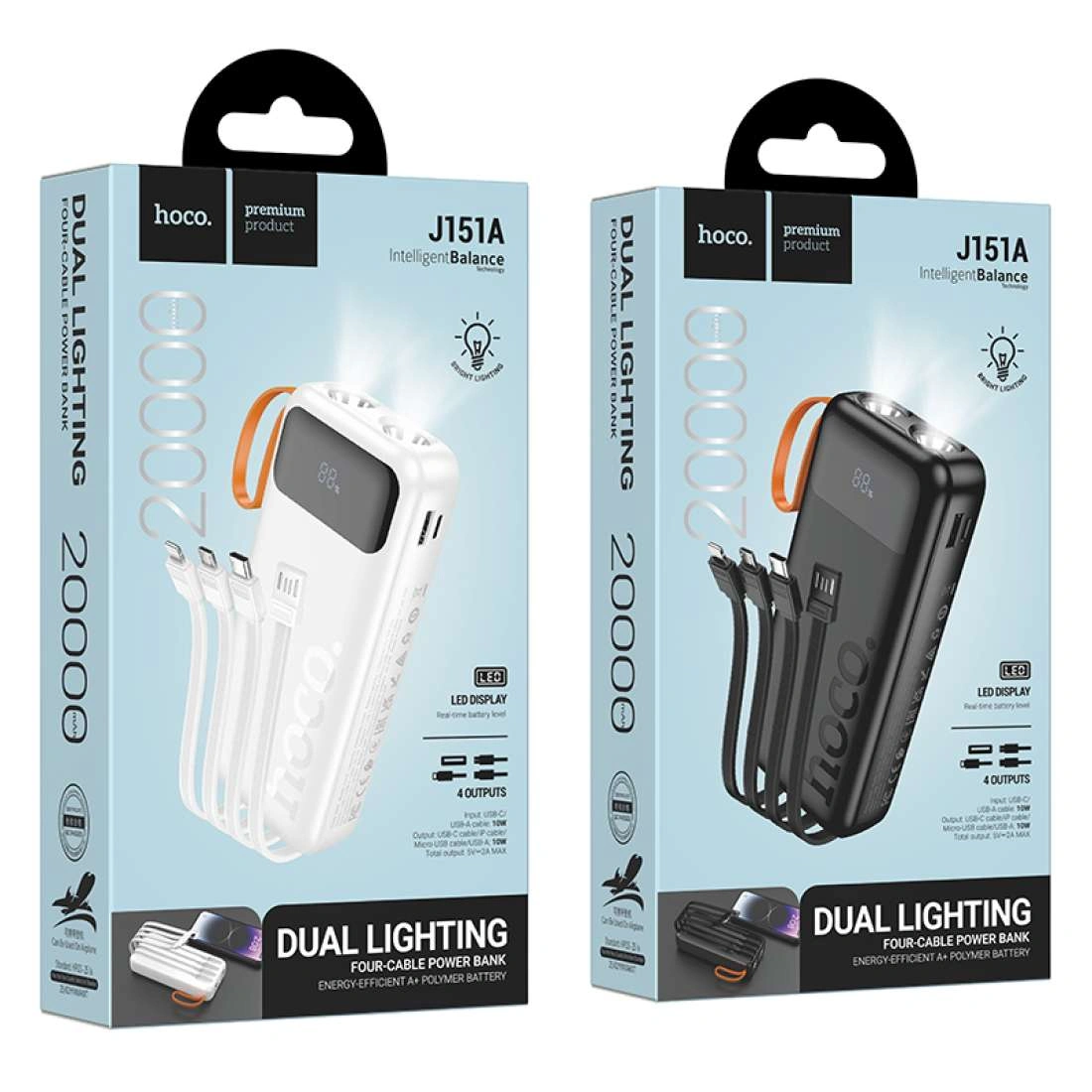 hoco-power-bank-j151a-fast-charge-20000mah-pd-type-c-20w-and-usb-a-with-digital-led-indicator-and-dual-light-black-4-charging-cables
