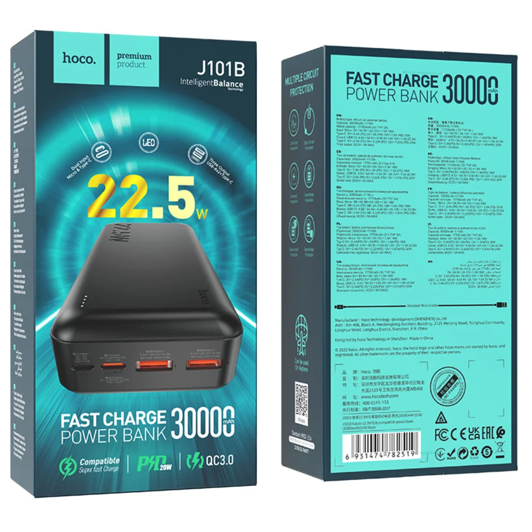 Mobile power bank with 30000mAh capacity. Type-C and Micro-USB inputs.